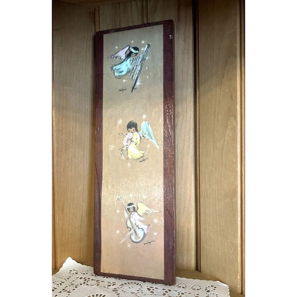 Vintage Ettore Ted De Grazia Musical Angels Lithograph Print Wood Wall Hanging S - Picture 1 of 6
